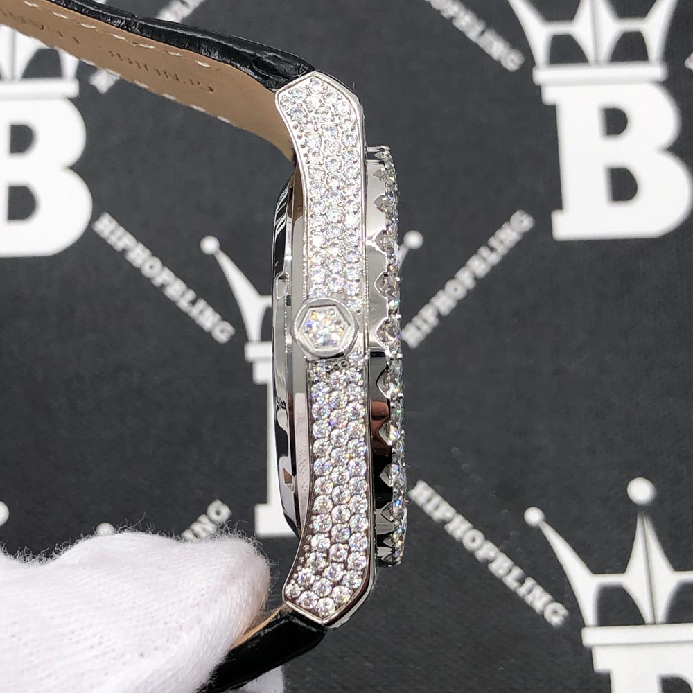 Crown Leather Iced Out Hip Hop Bling Bustdown Watch
