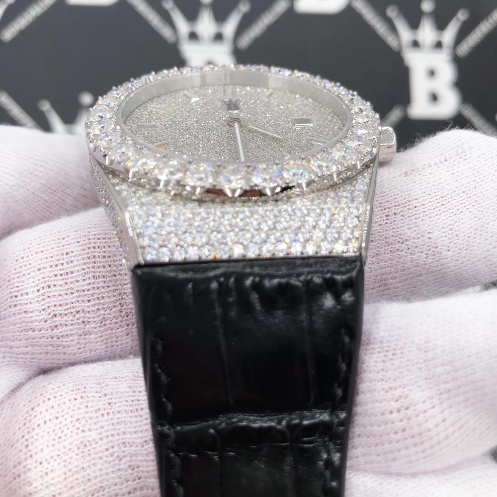 Crown Leather Iced Out Hip Hop Bling Bustdown Watch