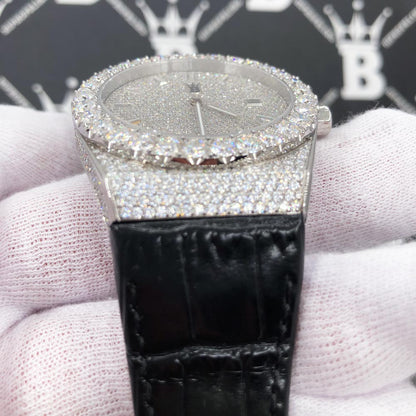 Crown Leather Iced Out Hip Hop Bling Bustdown Watch