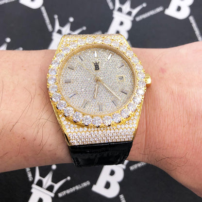 Crown Leather Iced Out Hip Hop Bling Bustdown Watch