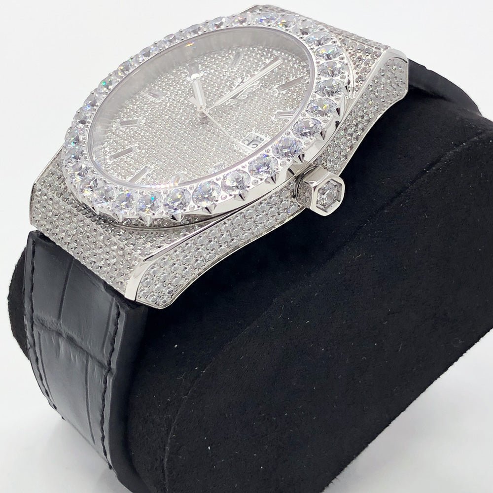 Crown Leather Iced Out Hip Hop Bling Bustdown Watch