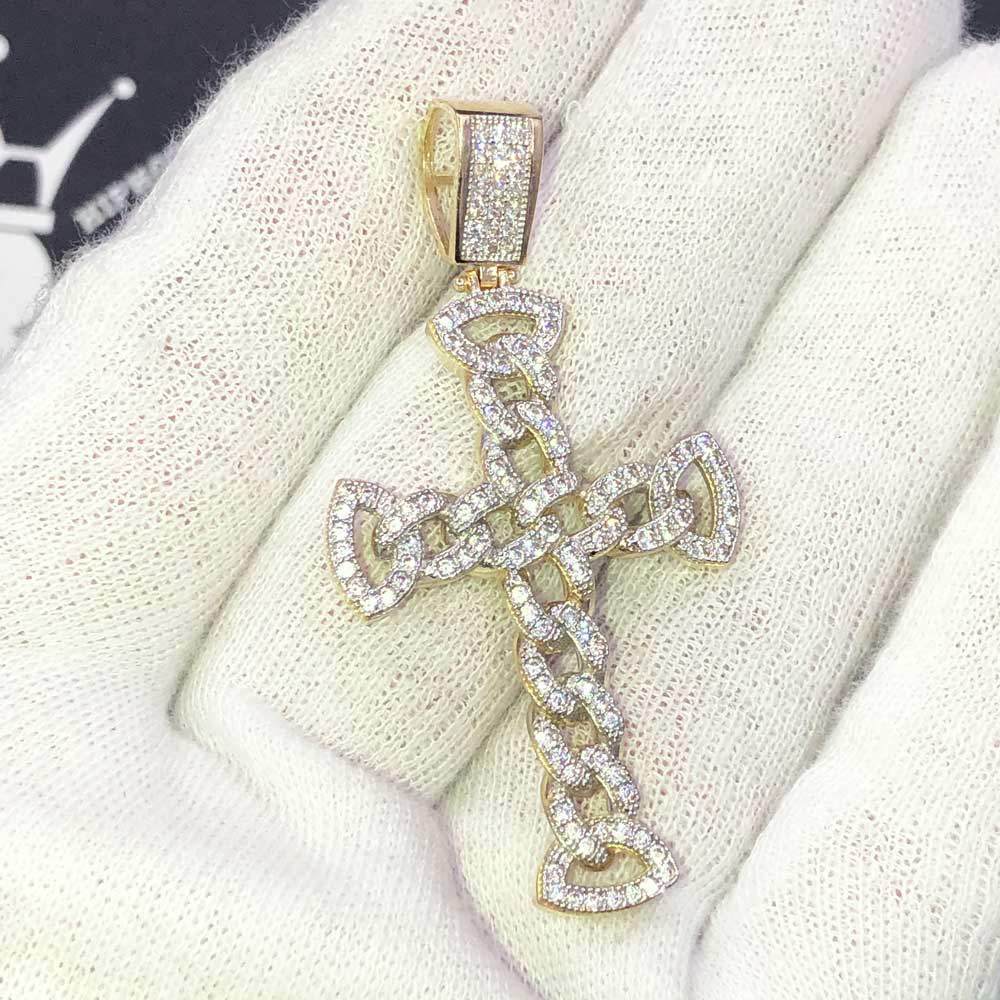 Cuban Link Cross VVS CZ 10K Yellow Gold Pendant
