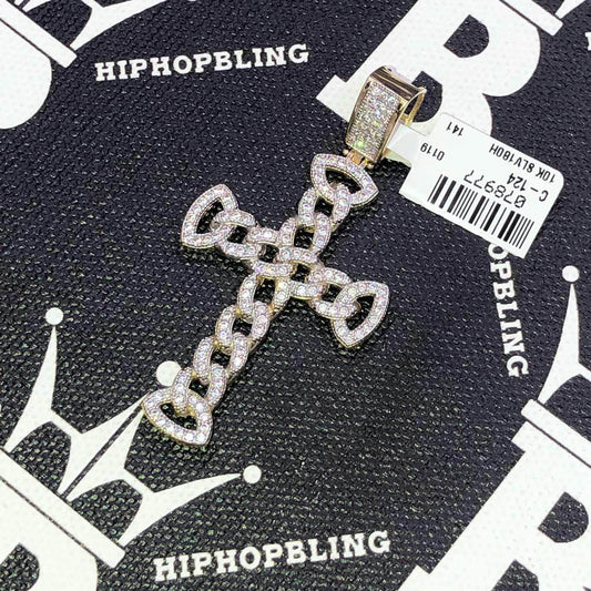 Cuban Link Cross VVS CZ 10K Yellow Gold Pendant