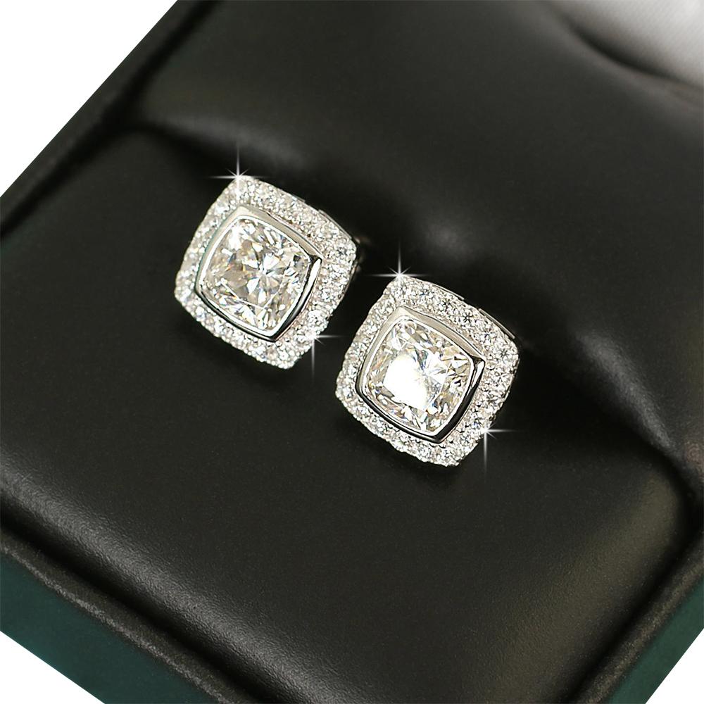 Cushion Pave Border VVS Moissanite Earrings .925 Sterling Silver