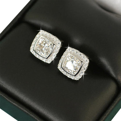 Cushion Pave Border VVS Moissanite Earrings .925 Sterling Silver