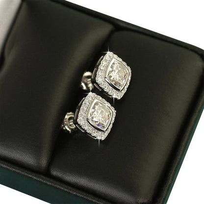 Cushion Pave Border VVS Moissanite Earrings .925 Sterling Silver