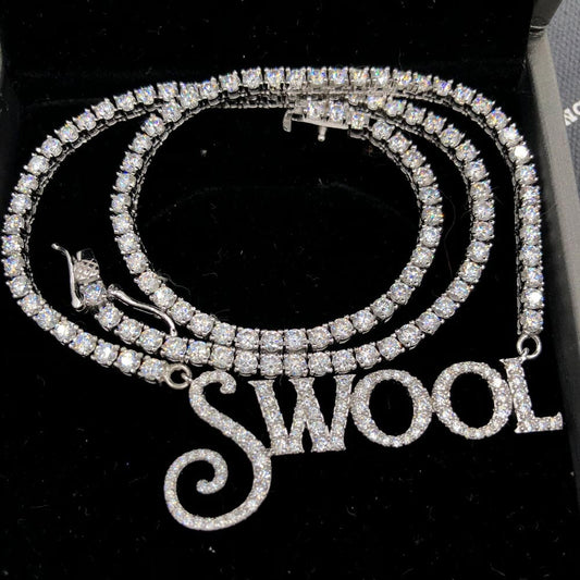 Custom Script Block VVS Moissanite/Diamond Pendant Tennis Chain
