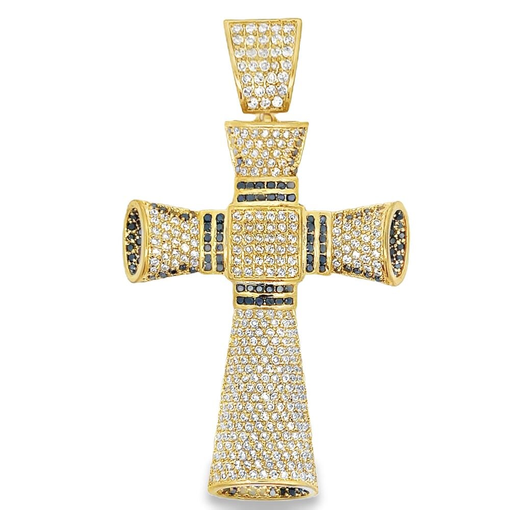 Cylinder Gold Cross Black & White CZ Pendant