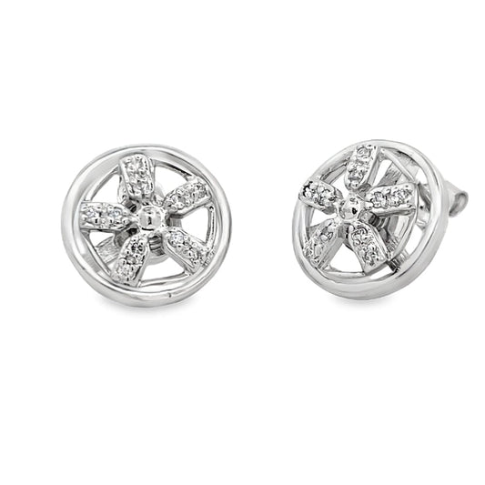 CZ Spinning Wheel 5 Spoke Rim Earrings .925 Sterling Silver