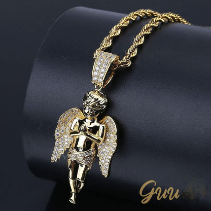 18k Gold-Plated 21mm AAA CZ Angel Pendant # Punk Rapper Chain
