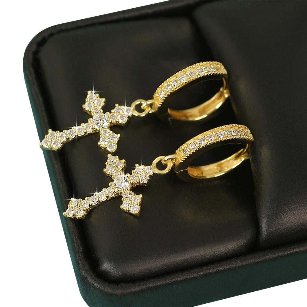 Dangling Antique Cross Hoop VVS Moissanite Earrings .925 Sterling Silver