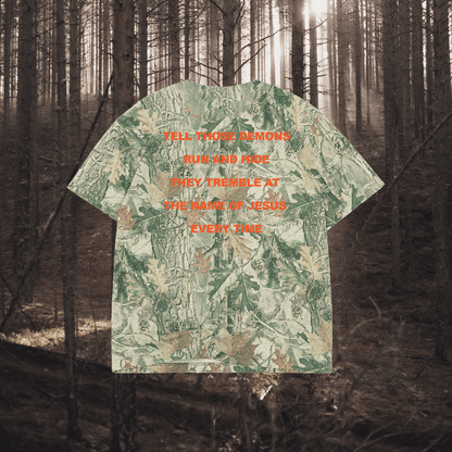 T-shirt with text design in a forest setting