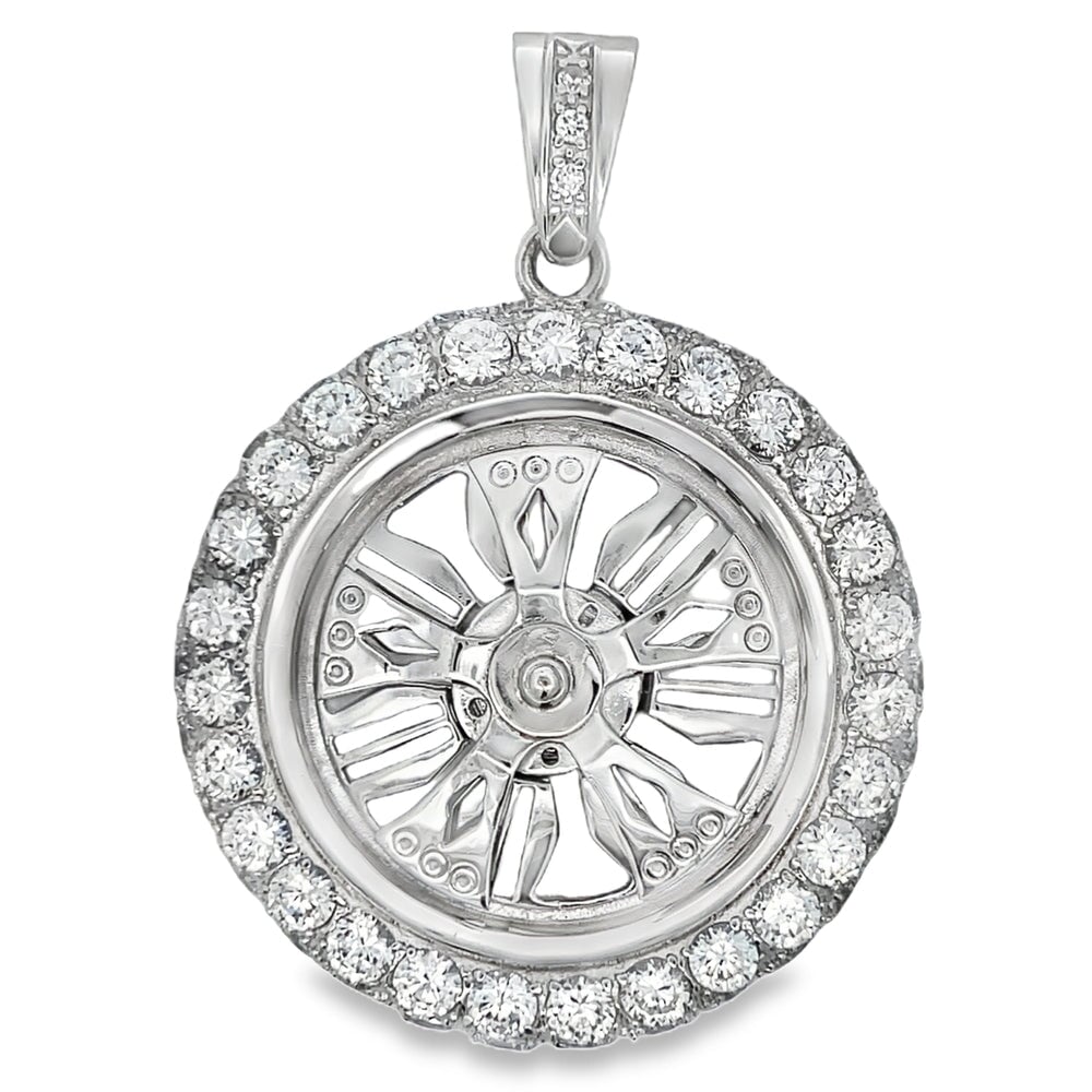 Diam Spoke Spinner Rim CZ Pendant .925 Sterling Silver