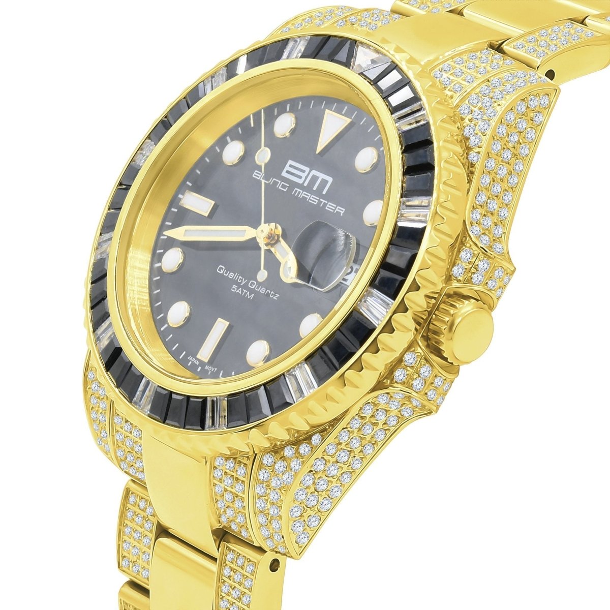 Divers CZ Black Dial Date Edge Link Iced Out Watch