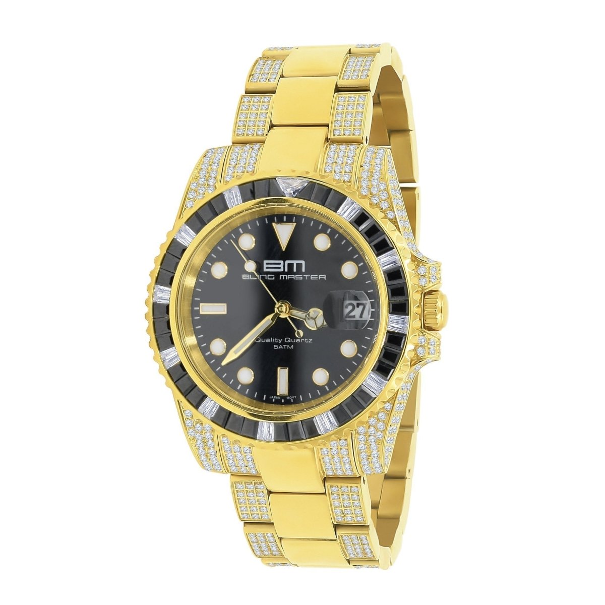 Divers CZ Black Dial Date Edge Link Iced Out Watch
