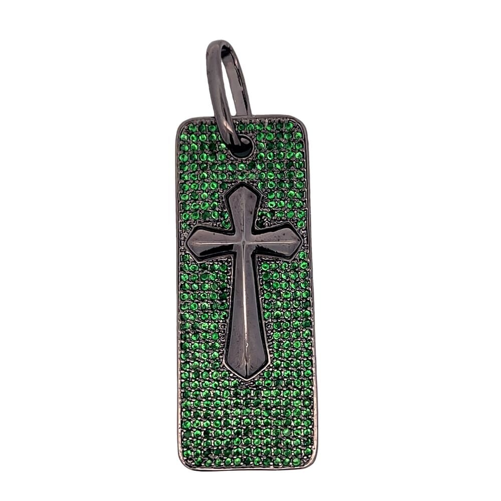 Dog Tag Cross Green CZ Iced Out Pendant
