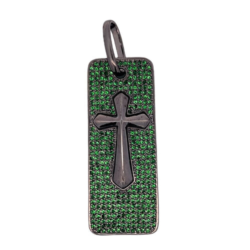 Dog Tag Cross Green CZ Iced Out Pendant