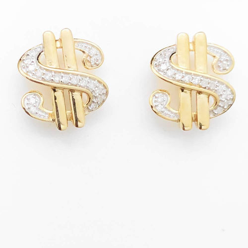 $ Dollar Sign Diamond Earrings .10cttw 10K Yellow Gold