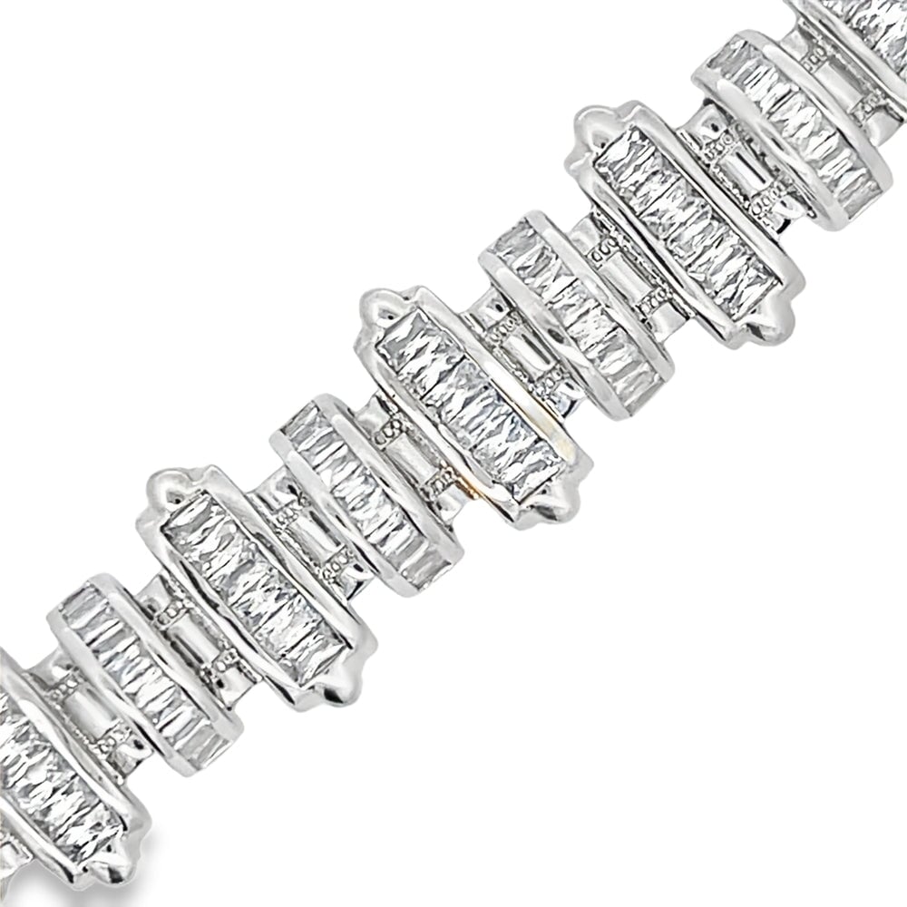 Domed Bars Baguette CZ Iced Out Bracelet .925 Sterling Silver