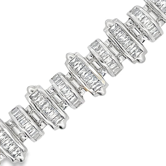 Domed Bars Baguette CZ Iced Out Bracelet .925 Sterling Silver