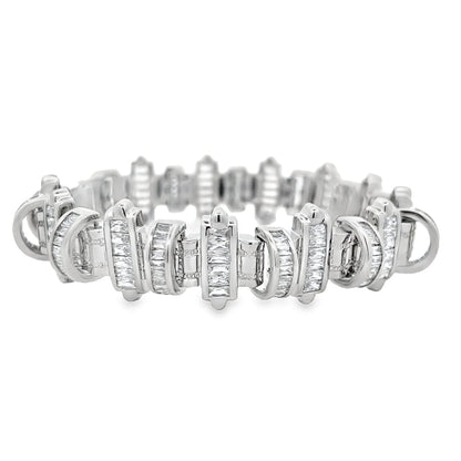 Domed Bars Baguette CZ Iced Out Bracelet .925 Sterling Silver
