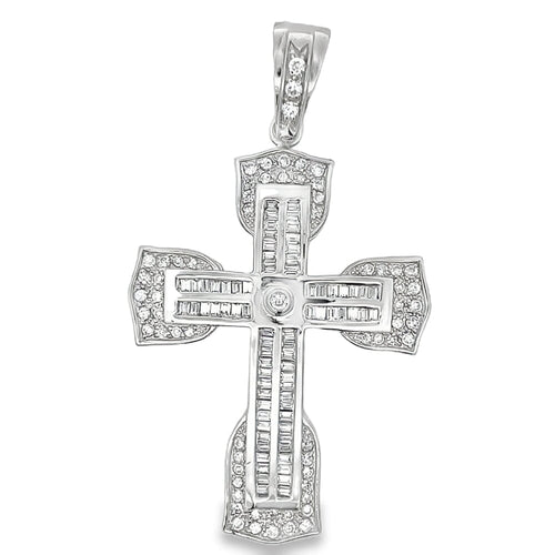 Double Baguette Cross CZ Iced Out Pendant .925 Sterling Silver