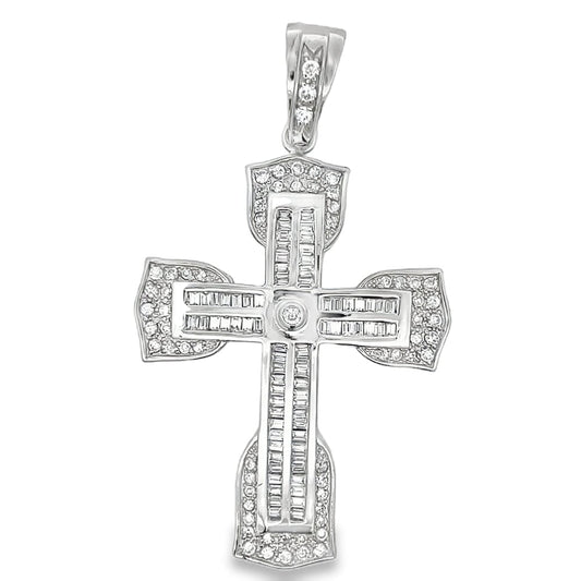 Double Baguette Cross CZ Iced Out Pendant .925 Sterling Silver