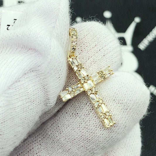 Double Baguette Cross Diamond Pendant .58cttw 10K Yellow Gold