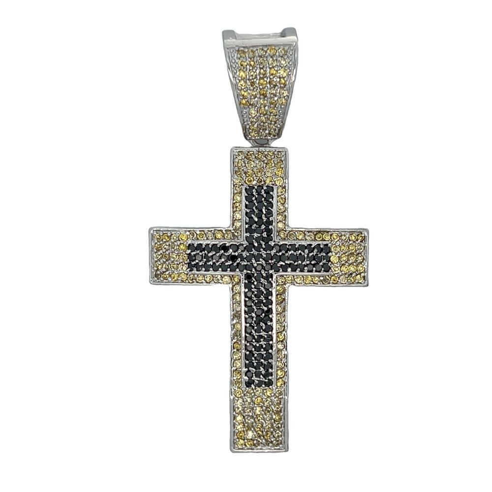 Double Cross Canary & Black CZ Iced Out Pendant