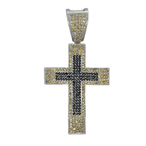 Double Cross Canary & Black CZ Iced Out Pendant