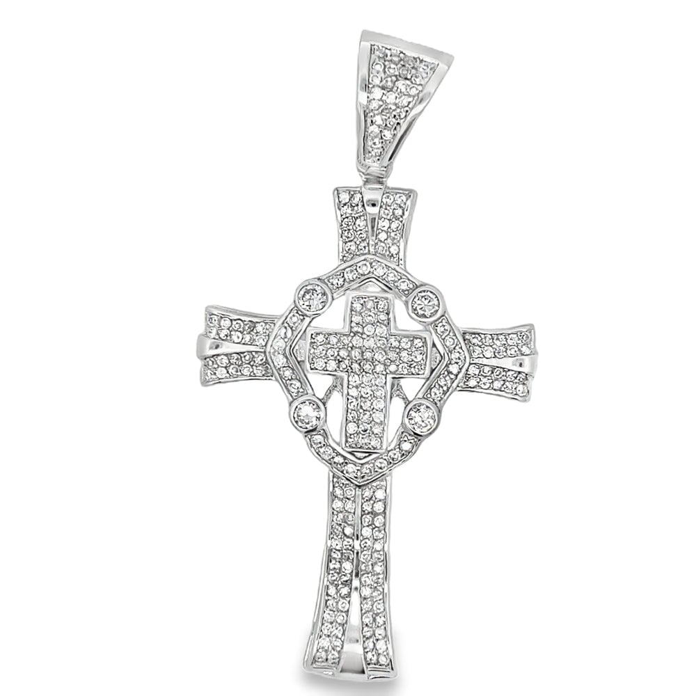 Double Fancy Cross CZ Iced Out Pendant .925 Sterling Silver