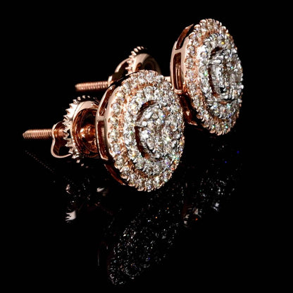 Double Halo Cluster Diamond Earrings Solid 14K Gold