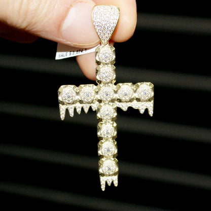 Drip Cluster Tennis Cross VVS CZ 10K Yellow Gold