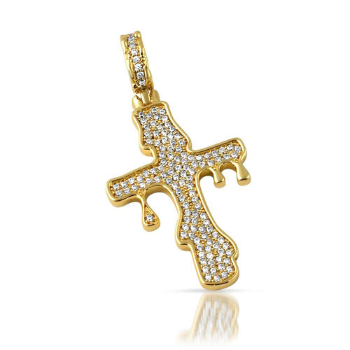 Drip Cross Gold CZ Bling Bling Pendant