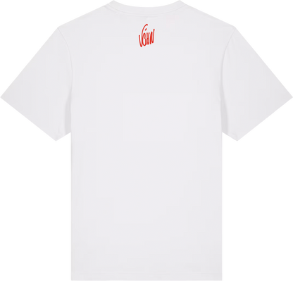 White t-shirt with a red logo on the back against a white background
