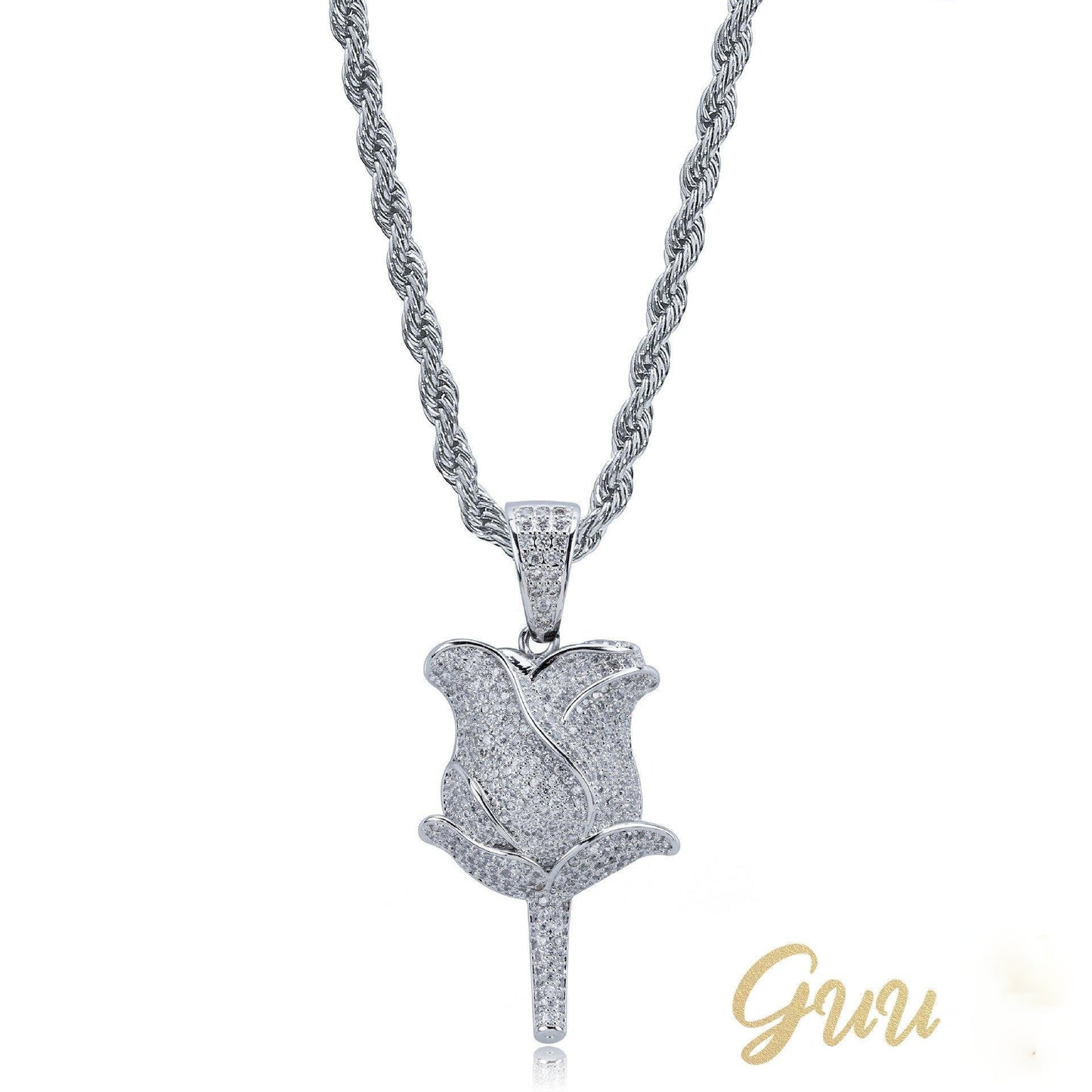 30mm  Iced Gold-Plated CZ  Rose Pendant & Cuban Link Chain