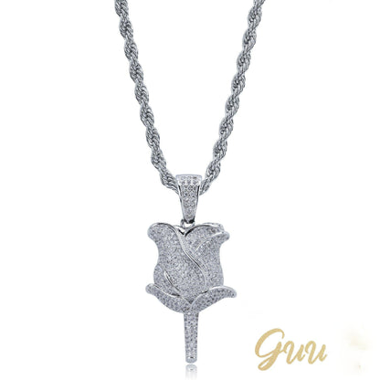 30mm  Iced Gold-Plated CZ  Rose Pendant & Cuban Link Chain