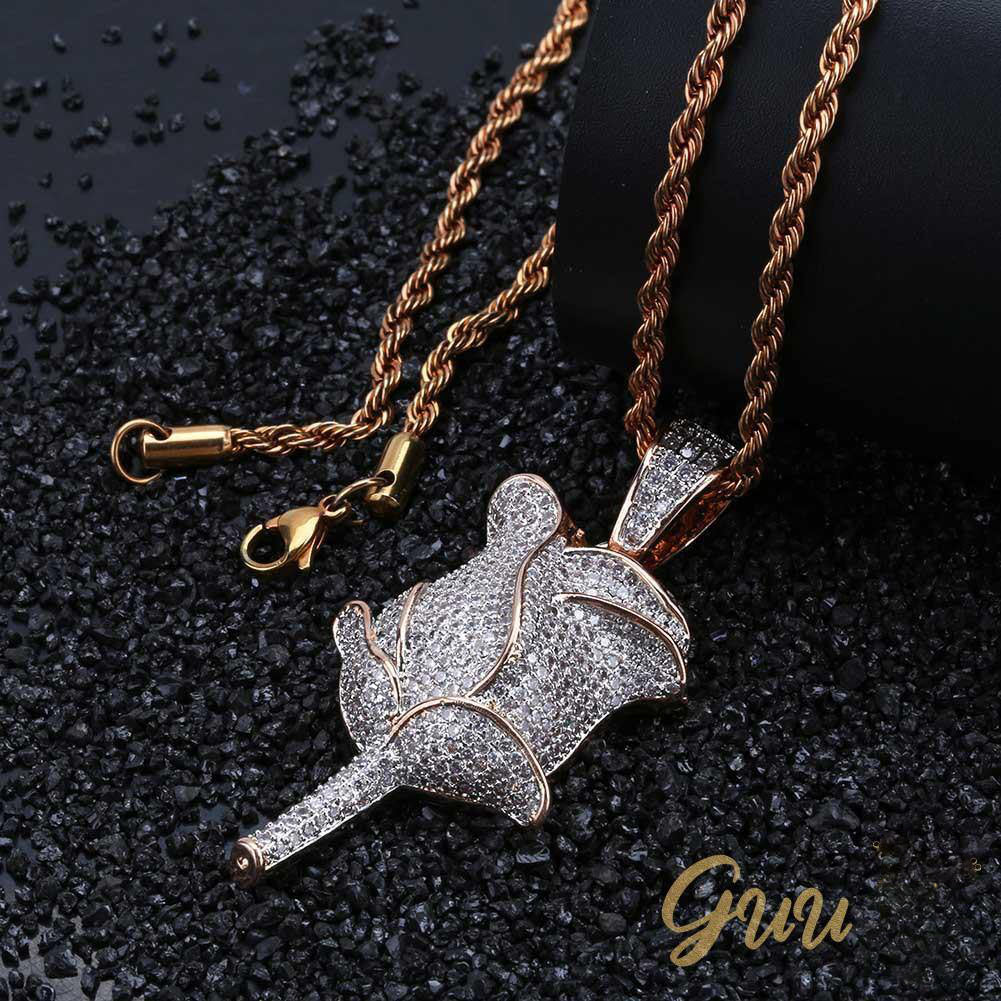 30mm  Iced Gold-Plated CZ  Rose Pendant & Cuban Link Chain