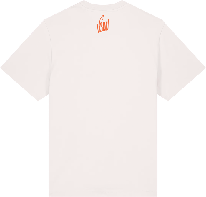 White t-shirt with red logo on the back against a white background