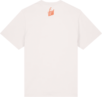 White t-shirt with red logo on the back against a white background