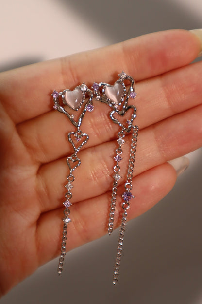 Palladium White Gold Plated Pink Opal Heart Dangle Earrings