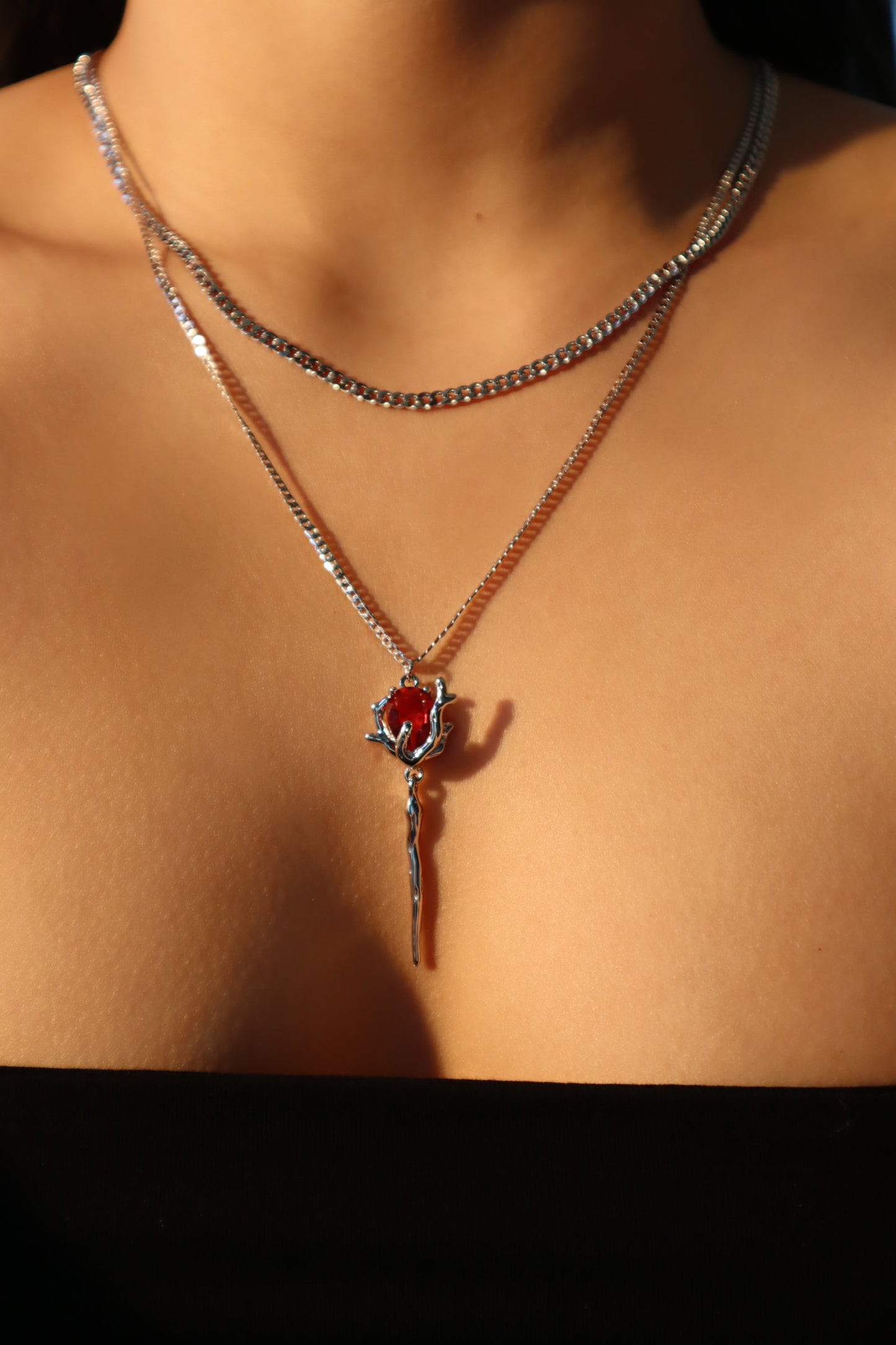 Palladium White Gold Plated Red Rose Layer Necklace