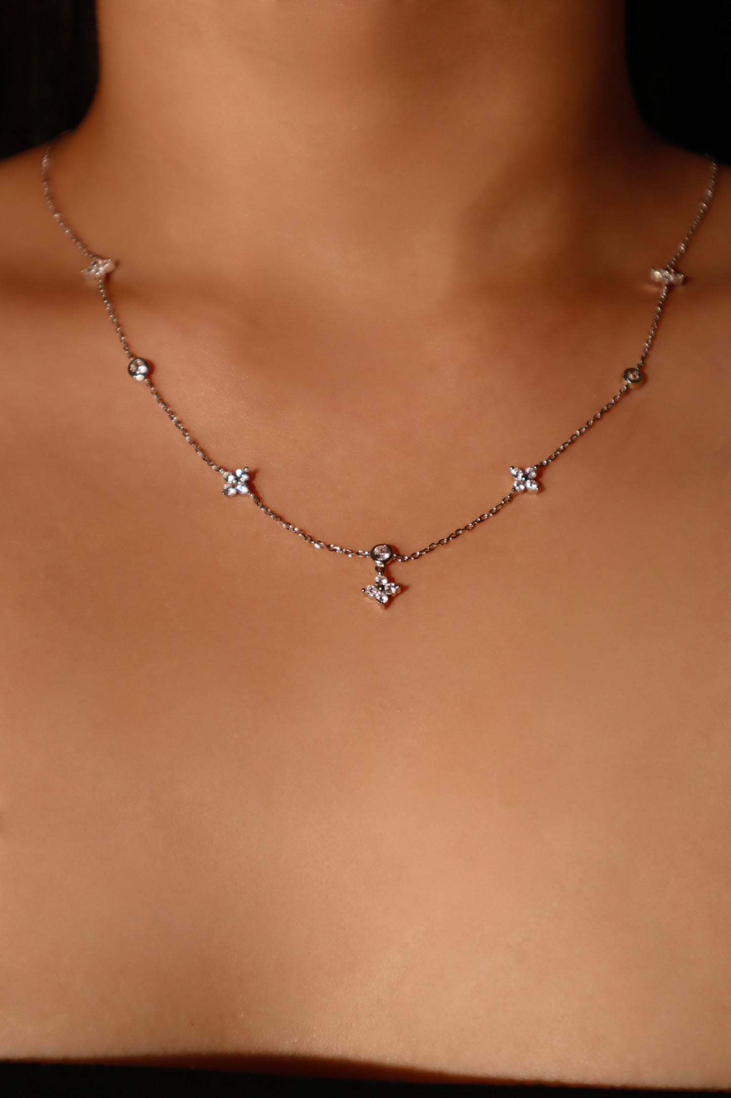 Palladium White Gold Plated Multi Starlight Petal Necklace