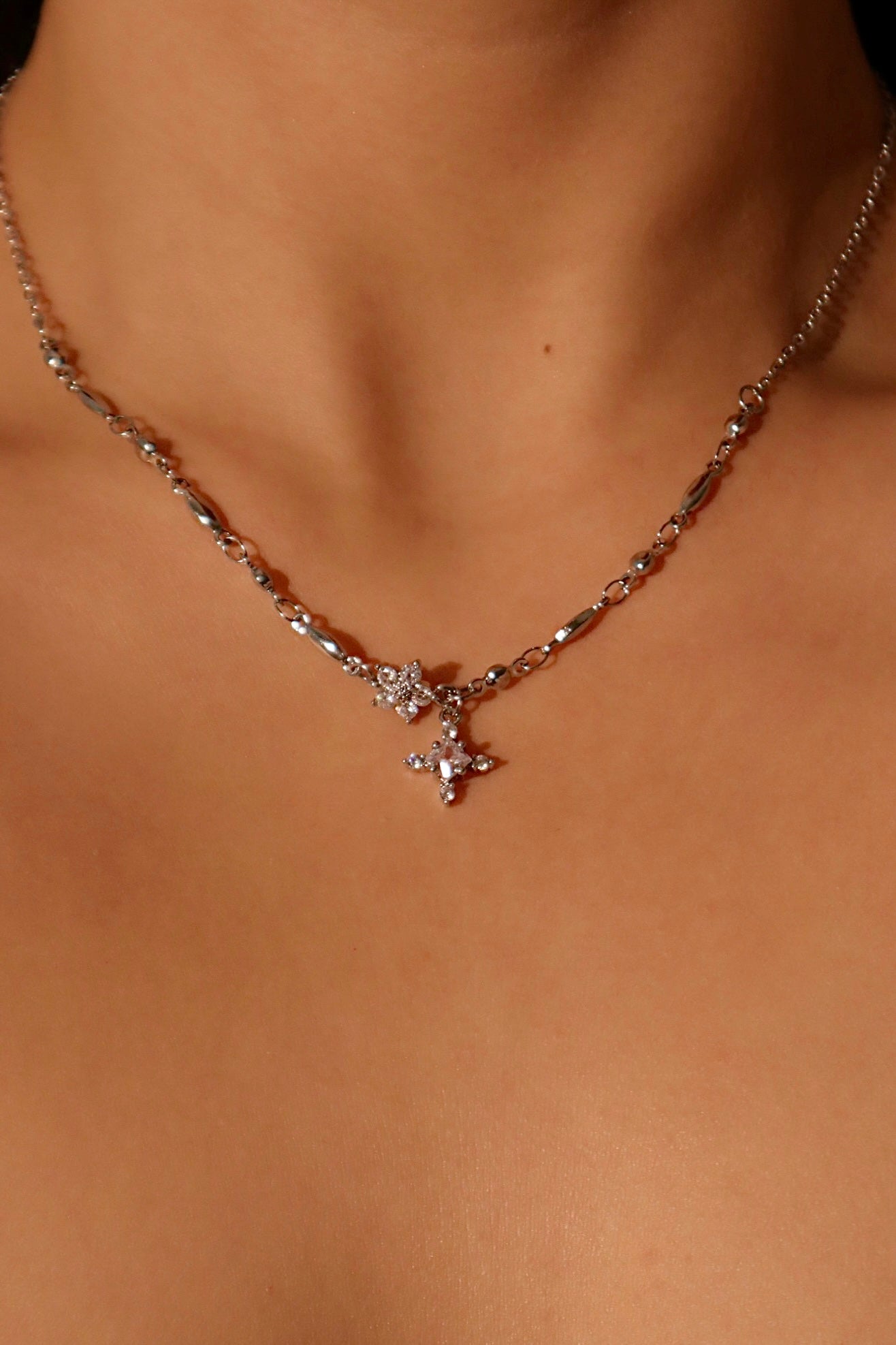 Palladium White Gold Plated Diamond Starlight Cross Necklace