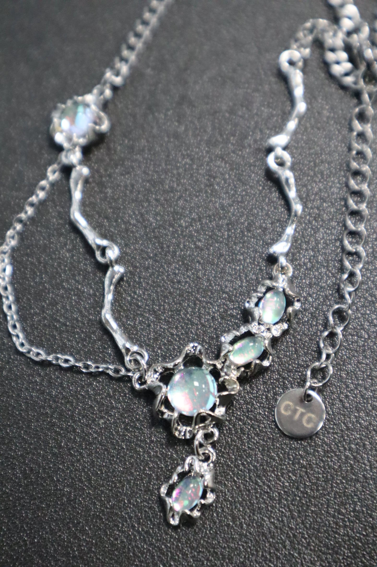 Palladium White Gold Plated Opal Dangle Necklace