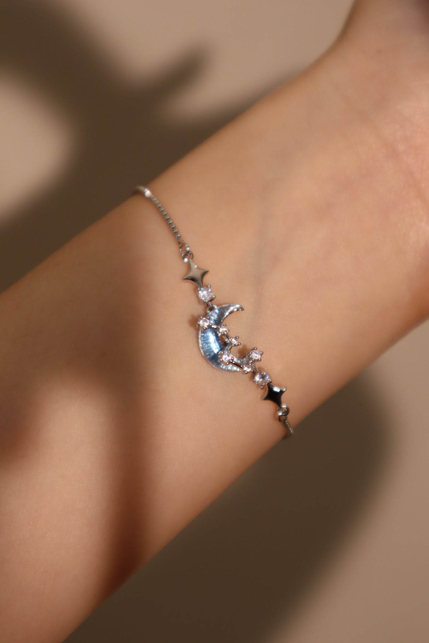 Palladium White Gold Plated Moonstone Moon Star Bracelet