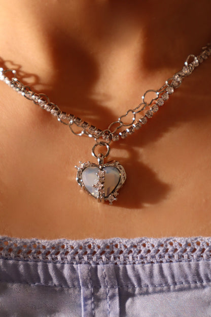 Palladium White Gold Plated Blue Opal Heart Necklace