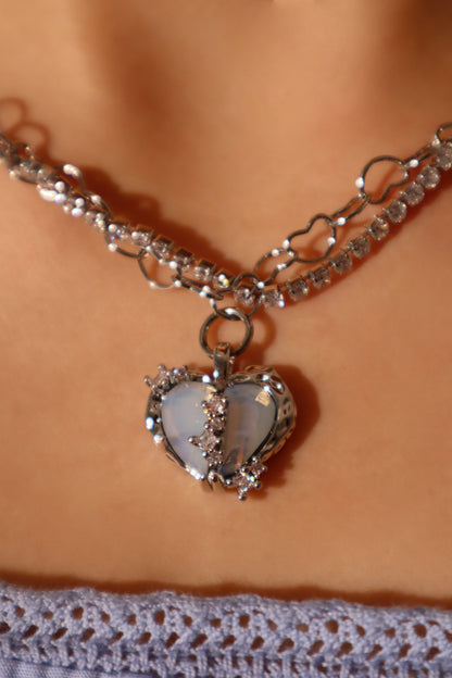 Palladium White Gold Plated Blue Opal Heart Necklace
