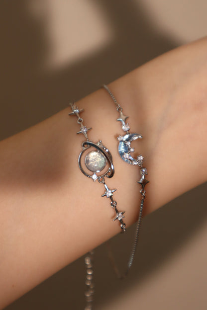 Palladium White Gold Plated Moonstone Moon Star Bracelet