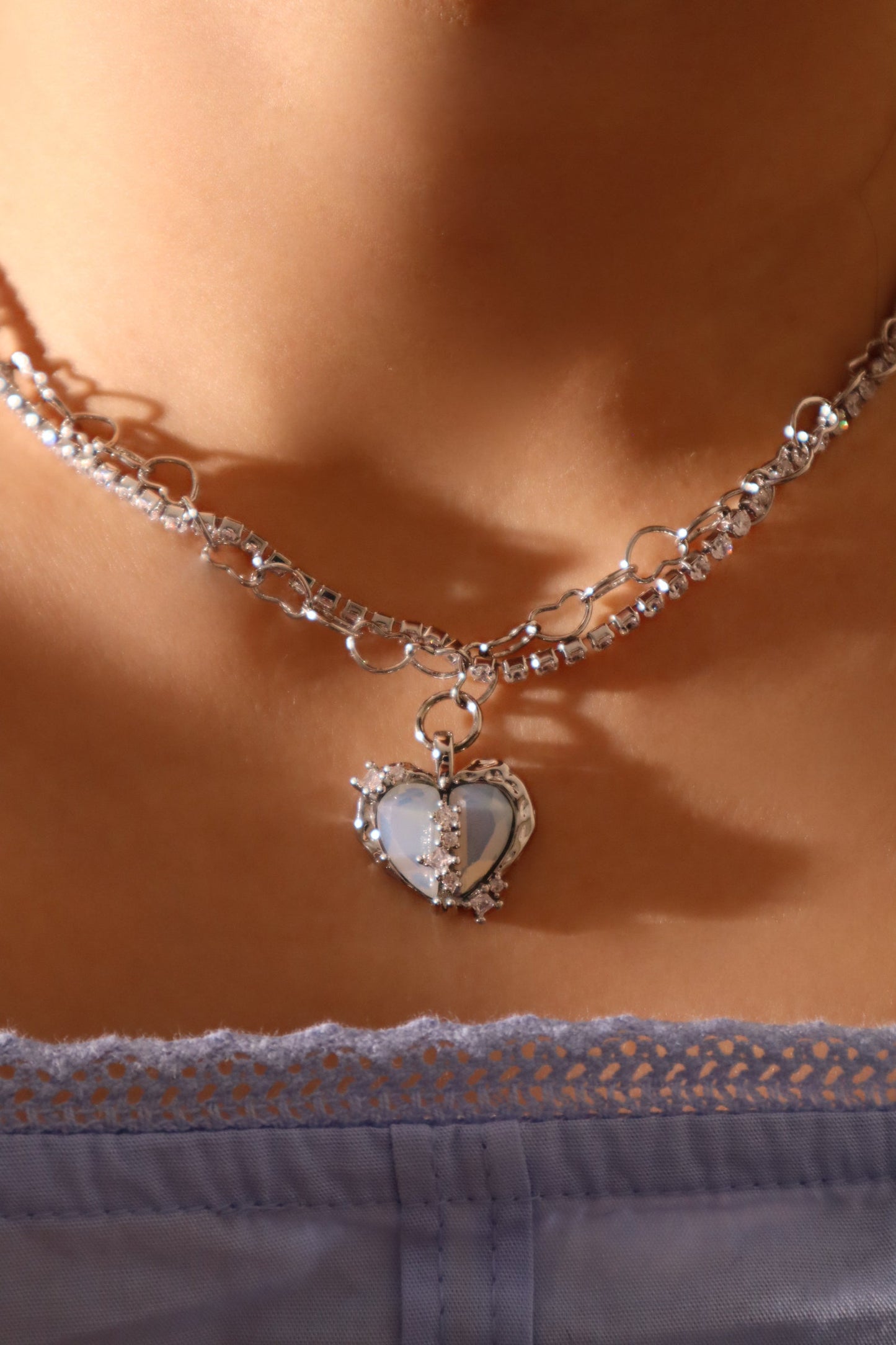 Palladium White Gold Plated Blue Opal Heart Necklace